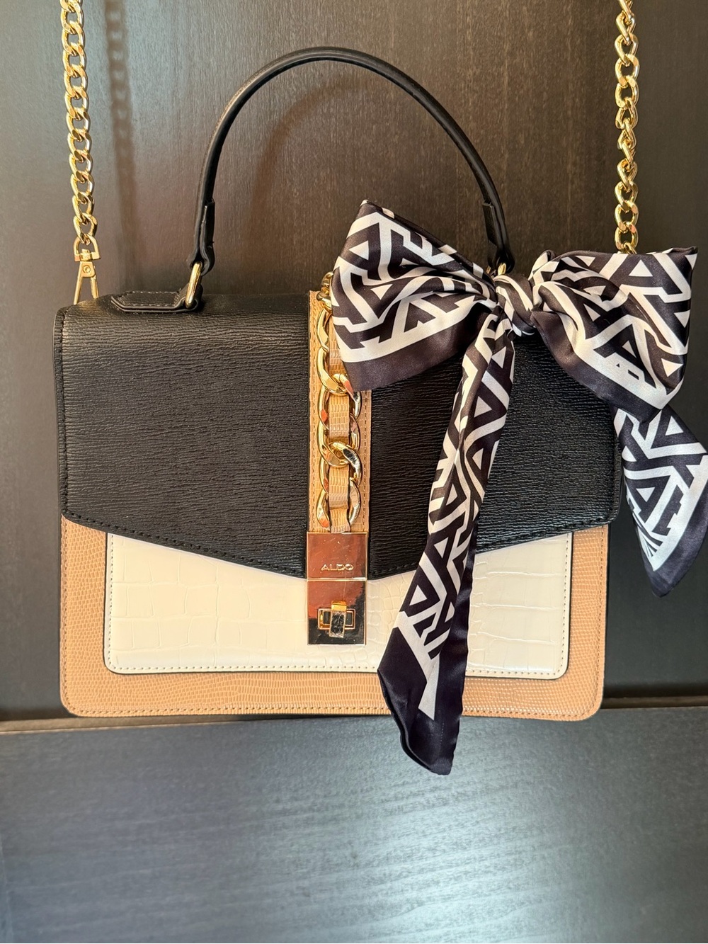 ALDO Black, White & Tan Chain-Accent Top-Handle Satchel